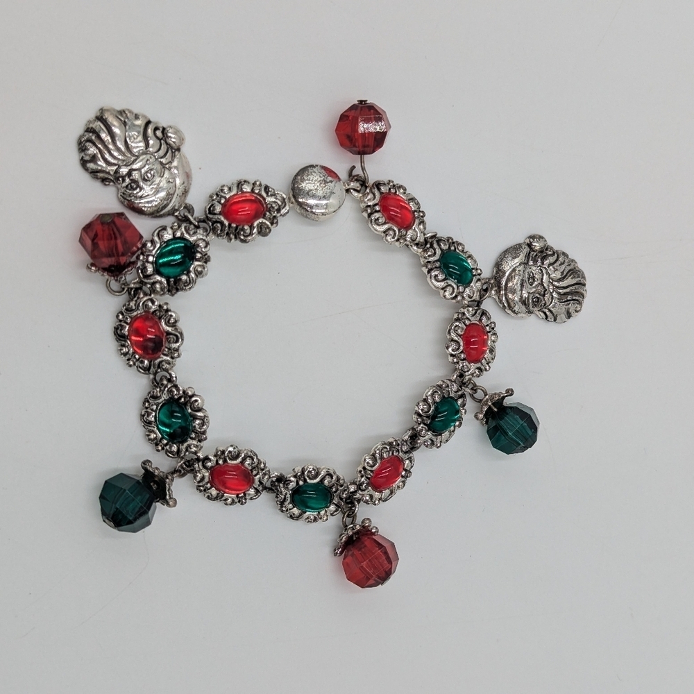 Vintage Santa Holiday Charm Bracelet Silver Festive Rhinestones Green Red